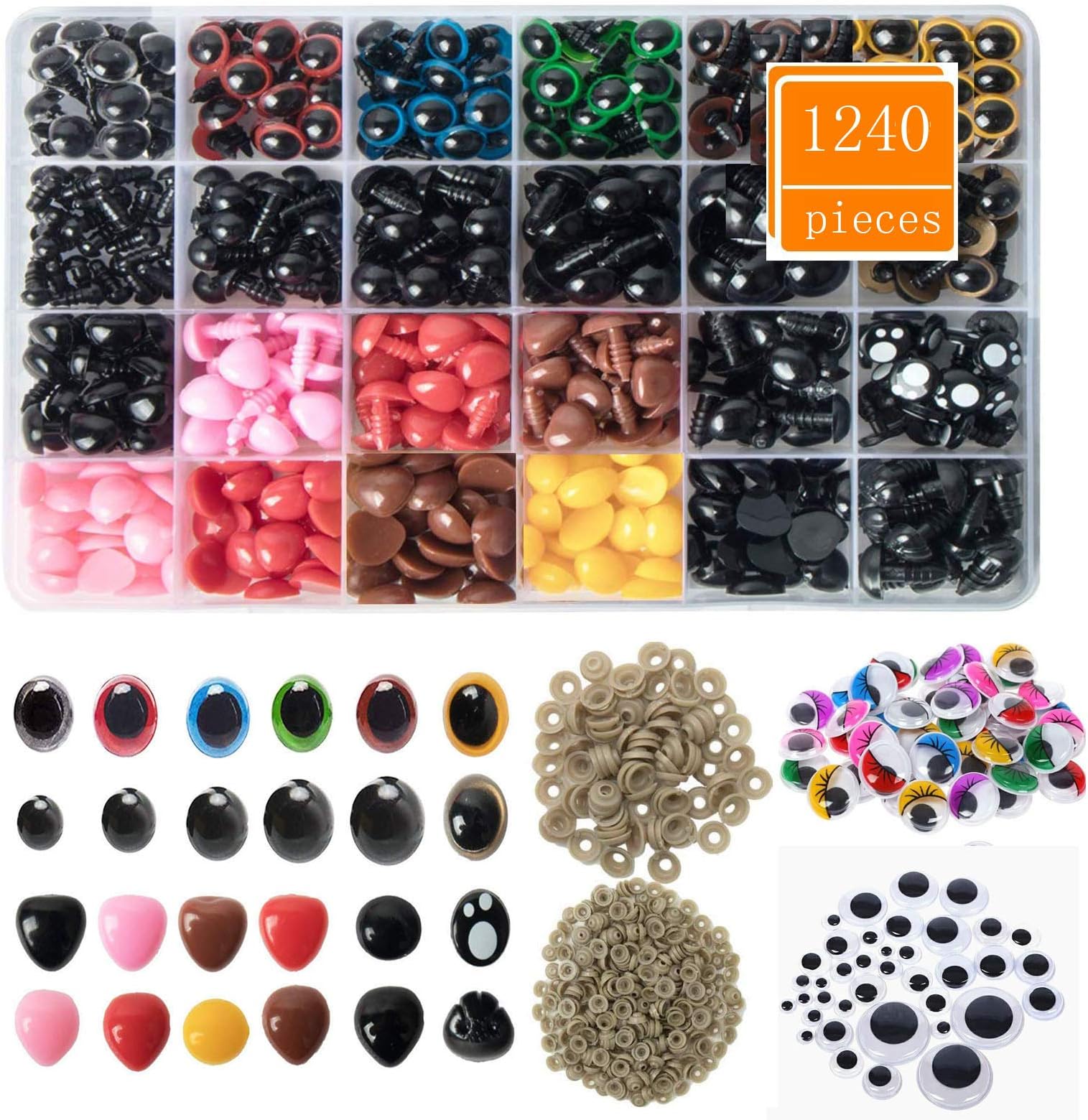 SUPEREVA 1240 Pieces Colorful Plastic Safety Eyes and Noses with Washers Assorted Sizes, Googly Wiggle Eyes Self-Adhesive for Doll,Puppet,Teddy Bear,Plush Anima