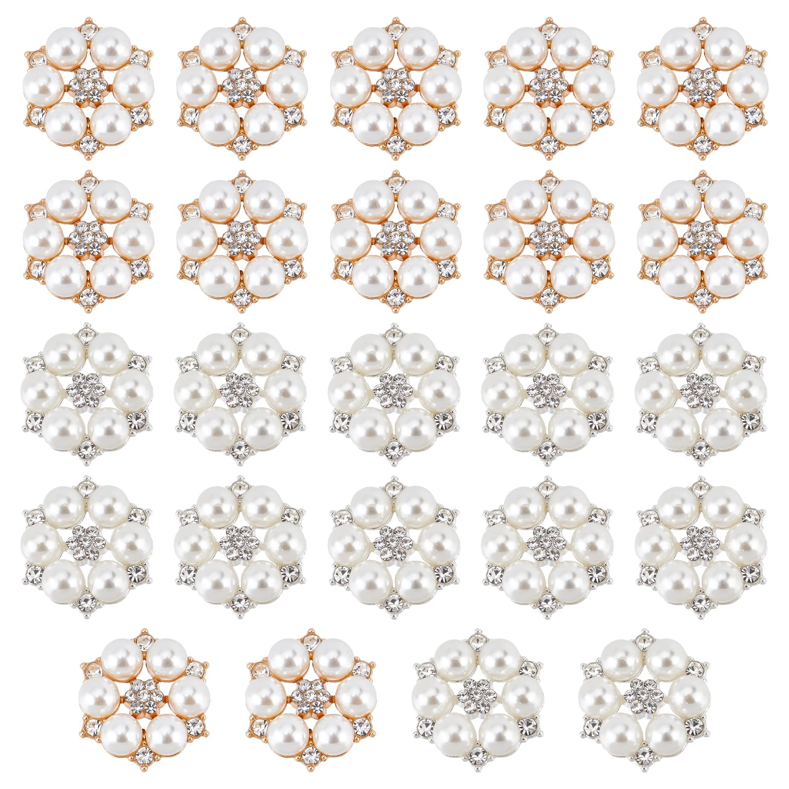 BENECREAT 24PCS Pearl Rhinestone Flower Buttons Gold & Silver Embellishment Alloy Jewelry Decoration DIY Handmade Accessories Clothing Buttons Crystal Bouquet Decoration for Wedding Party