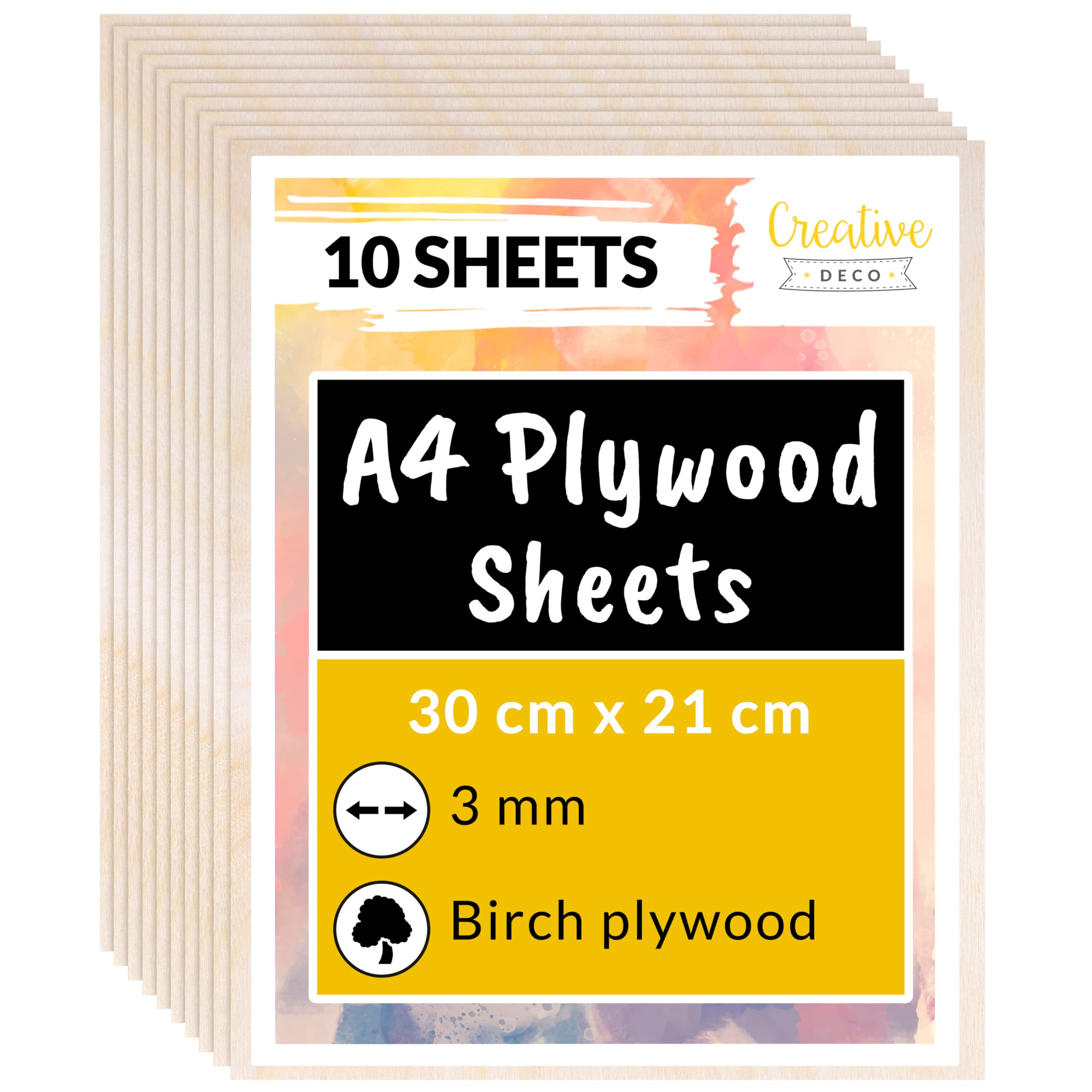 Creative Deco 10 x A4 Birch Plywood Sheets | 300x210x3mm (+/-2mm) Baltic Wood Ply | Perfect Laserable Low Fume Board DIY Home Decor Arts Craft Painting Laser Cutting CNC Stenciling Pyrography