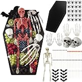 Rtteri 86 Pcs Halloween Coffin Charcuterie Board Kit 17" with Accessories | Wooden Coffin Serving Tray Board, Includes Skull Hands, Skulls, Skeletons, and Halloween Spiders, Goth Kitchen Accessories