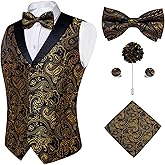 DiBanGu Mens Vest and Bowtie Set Silk Paisley Waistcoat and Bowtie Pocket Square Cufflinks with Lapel Pin for Wedding Party