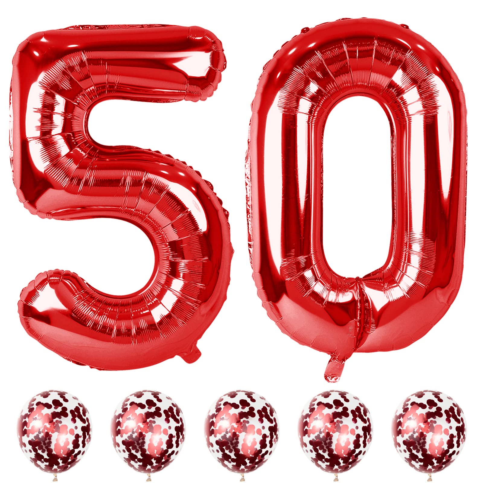 Large 50 Number Balloons - Red 40 Inch Helium Foil Number 5 & 0 Balloons Self Inflating with Red Confetti - Set for Women, Men 5th & 50th Birthday Party Decorations