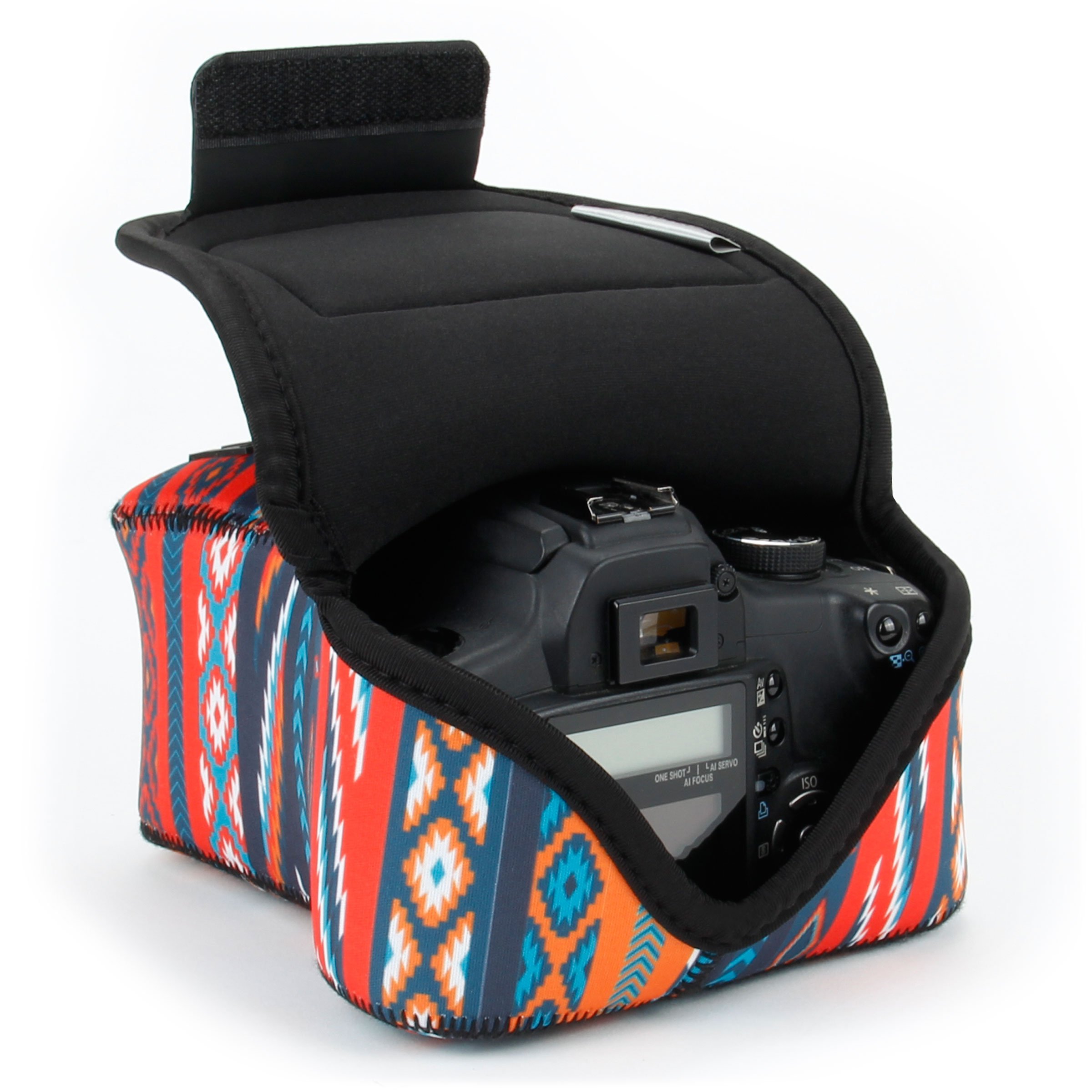 USA Gear DSLR Camera Sleeve (Southwest) with Neoprene Protection, Holster Belt Loop and Accessory Storage - Compatible with Canon EOS Rebel T7, T8, SL3, R7, Nikon D3400, Pentax K-70 and Many More