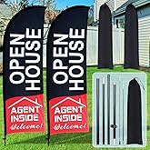 Buryeah 2 Pack Open House Flags Signs for Real Estate Agents Feather Flag Opening Signs Banner Set with Flagpole Ground Stake Portable Bag for Real Estate Business(Black,7x5.4 ft)