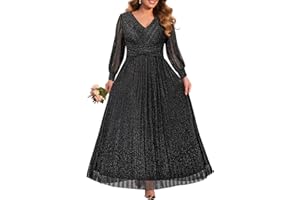 Pinup Fashion Women Plus Size Formal Dresses - Evening Gowns Long Sleeve Wedding Guest Glitter Prom Long Dress