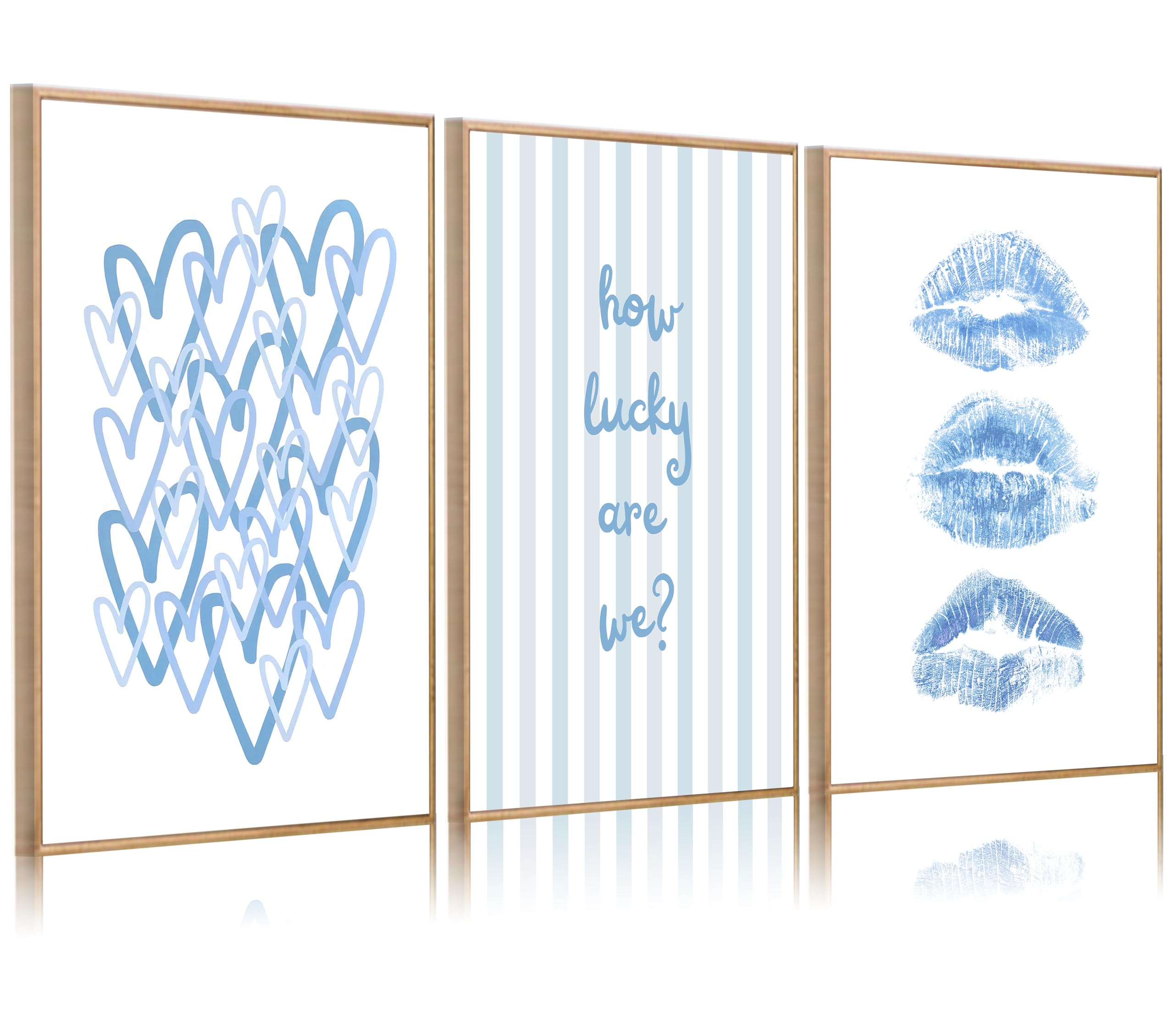 Photo 1 of ***NOT FRAMED***3Pcs Trendy Blue Wall Art Light Blue Preppy Wall Decor How Lucky Are We Pictures Funky Kiss Lips Artwork Coquette Aesthetic Poster Prints for Girl Bedroom Living Room Bar Dorm 12x16in Unframed**NOT FRAMED**