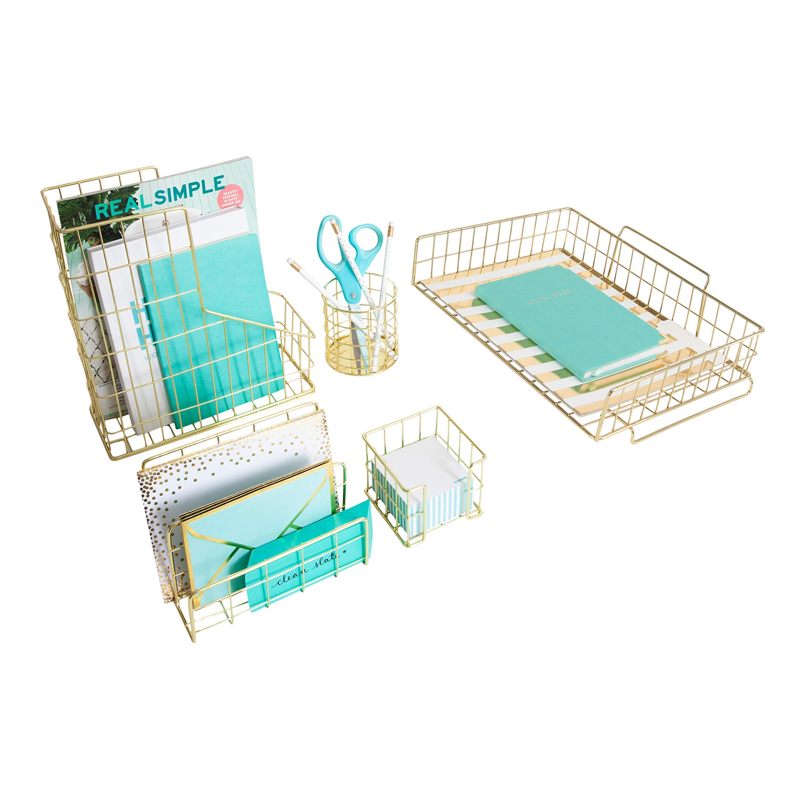 Blu Monaco Office Supplies Gold Desk Accessories for Women 5 Piece Wire Gold Desk Organizer