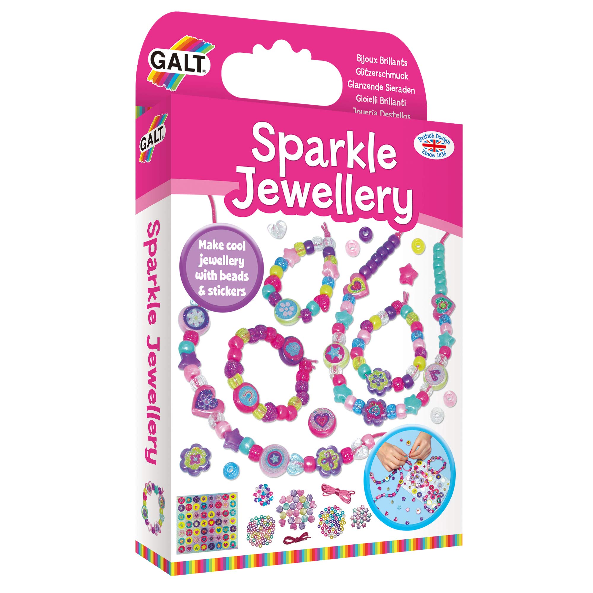 Galt Sparkle Jewellery - Childrens Necklace and Bracelet Making, Craft Kit for Kids - Fun Activity Pack with Colourful Beads and Stickers, Encourages Creativity and Motor Skills - Ages 5 Years Plus