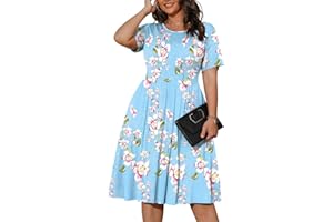 POSESHE Womens Plus Size Summer Dress 2023 Casual Short Sleeve Empire Waist Loose Fit Swing T-Shirt Dress with Pockets