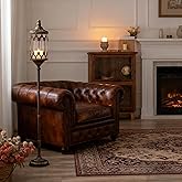 Vintage Floor Candelabra - 41" Tall Antique Gold Candle Holder with Glass Lantern, Rustic Gothic Metal Pillar Stand for Home Decor, Wedding & Event Centerpiece