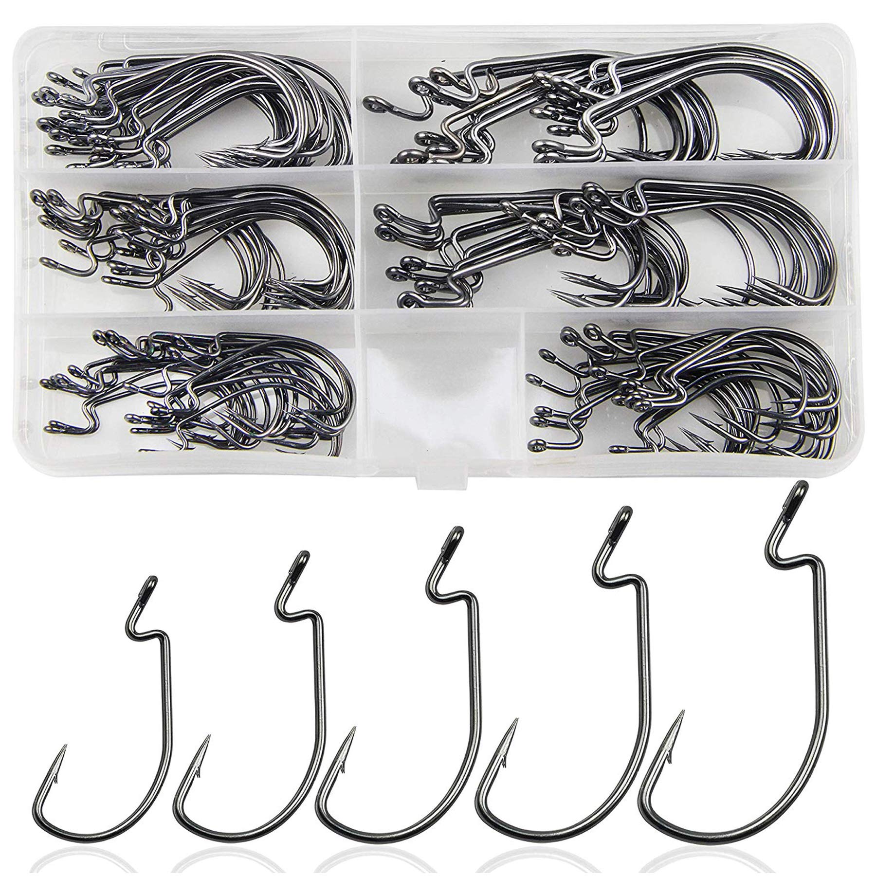 Fishing Worm Hooks Wide Gap Bass Hooks Ultra Strong Offset Fishing Hooks Set, High Carbon Steel Fishhooks Jig Hooks for Bass Trout Saltwater Freshwater (120pcs/box)
