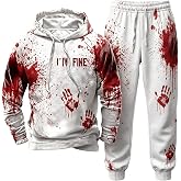 Adult Blood Sweatsuits 2 Piece Set Horror Spooky Halloween Costume Dress Up | Men Women Halloween Bloody Outfit 2 Piece Set Novelty I'm Fine Hoodie Jogger Scary Costume Cosplay Loose Tracksuit Party