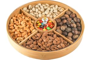 Hedume Bamboo Nuts Storage Platter Tray, Food Serving Tray with 5 Dining Grids, 12 Inches Dessert Fruit Veggie Food Serve Pla