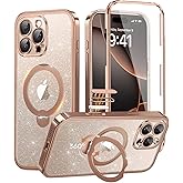 BERFY for iPhone 16 Pro Max Case, Compatible with MagSafe, Built-in 9H Tempered Glass Screen Protector and 360 Spin Magnetic Stand,Full Body Shockproof Phone Case for 16 Pro Max 6.9",Glitter Rose Gold