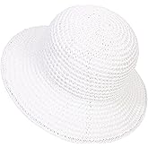 Womens Sun Hat Handmade Crochet Straw Bucket Hat Summer UV Protection Foldable Travel Cap UPF 50+