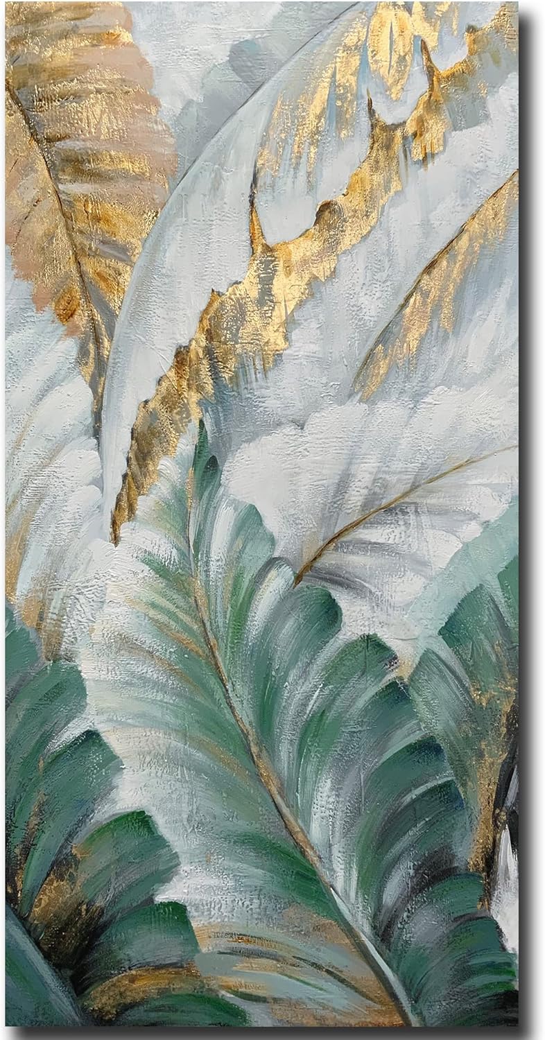 Paintings - Boieesen Art,24x48Inch Hand-Painted Abstract Banana Leaf Oil Painting on Canvas White Gold Acrylic Painting Green leaves Wall Art Tropical Style Artwork Home Décor