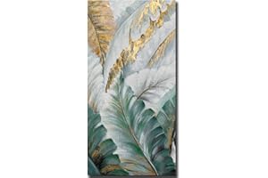 Boieesen Art,24x48Inch Hand-Painted Abstract Banana Leaf Oil Painting Green leaves Wall Art Tropical Style Artwork White Gold Acrylic Canvas Painting Wood Inside Framed Ready to Hang