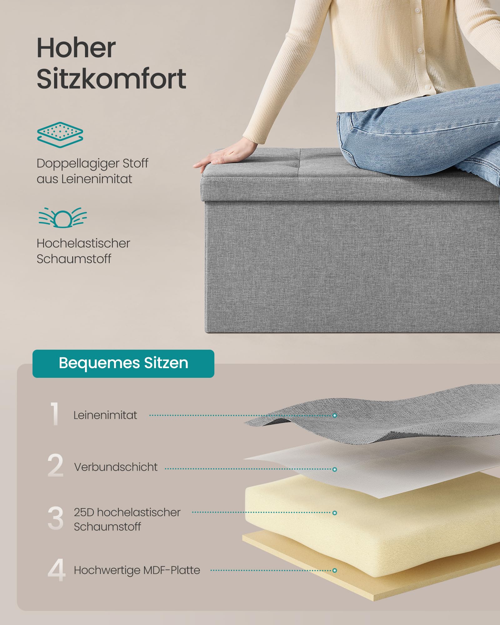 SONGMICS Sitzhocker mit Stauraum, klappbare Sitzbank, 38 x 110 x 38 cm Fußbank, Aufbewahrungsbox, bis 300 kg belastbar, für Wohnzimmer Schlafzimmer Flur, aschgrau LSF77G 6