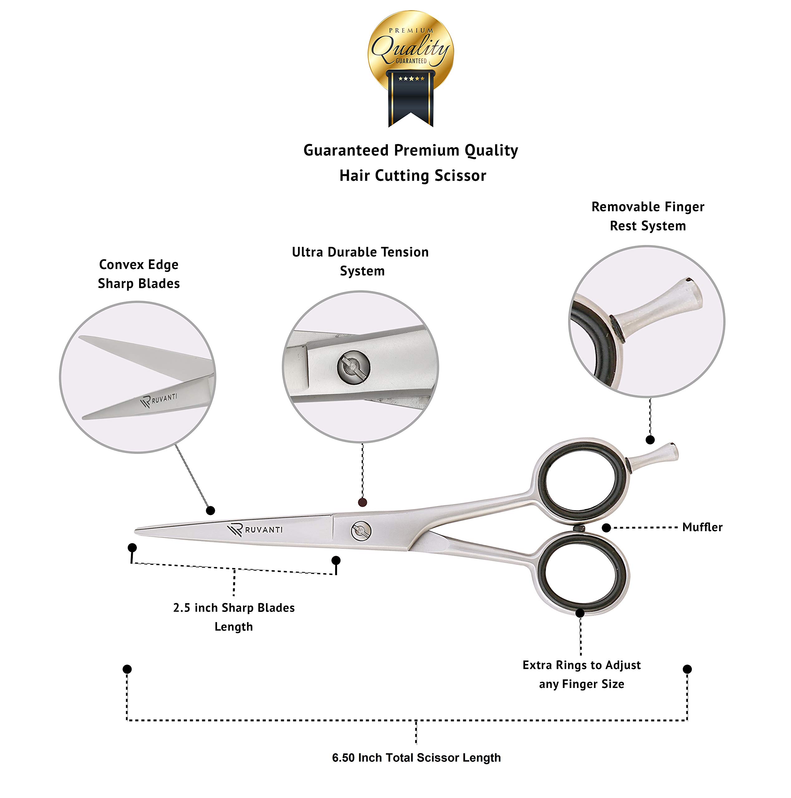 Professional Hair Cutting Scissors - Sharp Blades Hair Shears/Barber Scissors/Mustache Scissors - J2 Stainless Steel Hair Scissors - 6.5\
