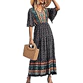 PRETTYGARDEN Women's Casual Summer Boho Floral Print Dress V Neck Short Sleeve High Waist Long Maxi Beach Dresses