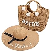 Jeyiour Bride Beach Tote Bag Bride Hat Set Bachelorette Bridal Shower Gifts Straw Purse Sun Hat for Women Wedding Honeymoon