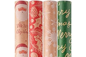 Happypapa Christmas Wrapping Paper, Kraft Xmas Wrapping Paper Rolls - Santa Claus, Trees, Snowflakes and Merry Christmas Pattern - 4 Rolls - 17 Inch × 120 Inch Per Roll