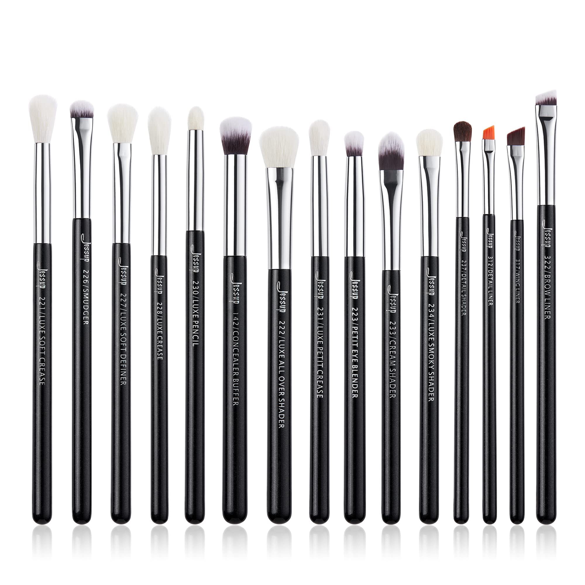 Jessup Eye Brushes 15Pcs Professional Makeup Brushes Make up Brush Set Cosmetics Tools Eye Liner Shader Wood Handle Natural-synthetic Hair Black/Silver T177