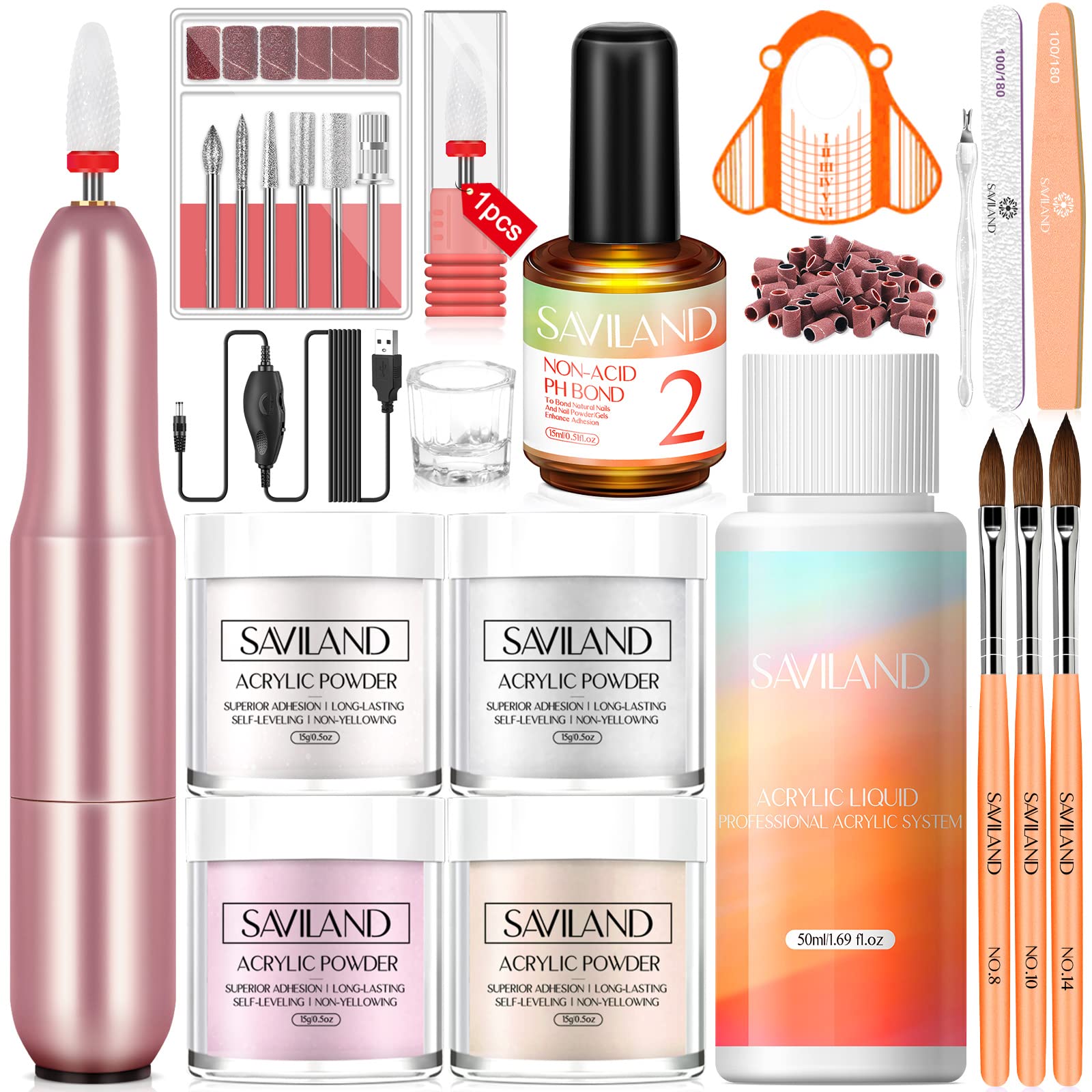 Saviland Professional Nail Kit with Electric Drill - 15g Pink/Clear/White/Nudes Acrylic Powder and Liquid Set Acrylic Brushes Salon DIY Nails