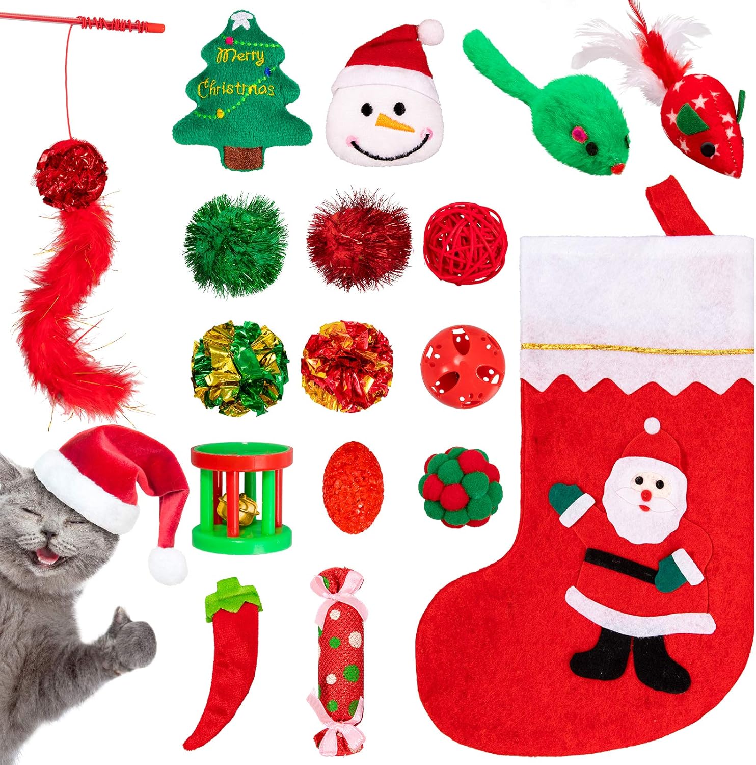 Whaline 17pcs Christmas Cat Toys Stocking Cat Stick 7 Cat Playing Balls Roller Bell