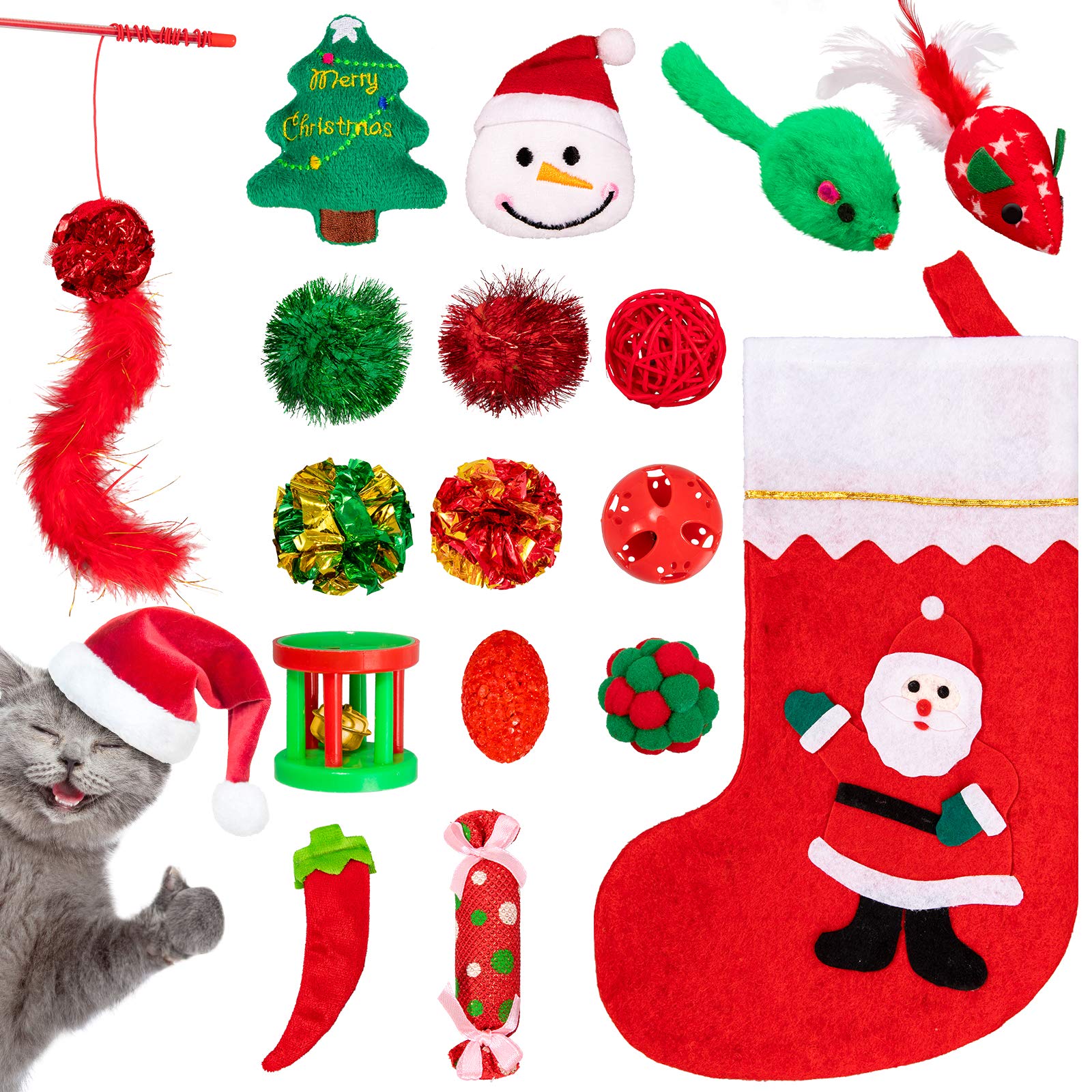 Whaline 17pcs Christmas Cat Toys Stocking Cat Stick 7 Cat Playing Balls Roller Bell 2 Mice Plush Snowman Plush Pepper Plush Christmas Tree Xmas Candy Pompoms Training Supplies for Pet