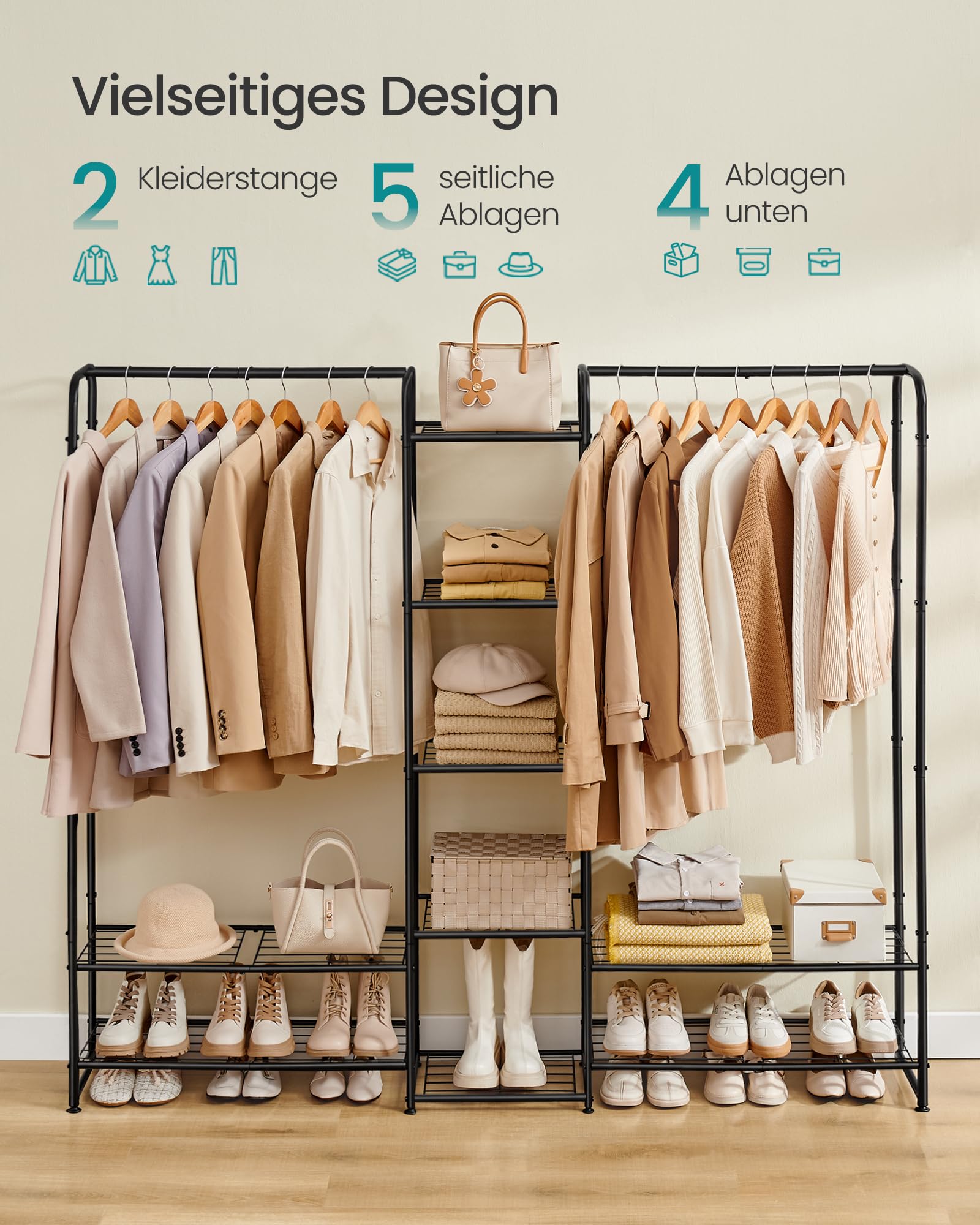 SONGMICS Kleiderständer, offener Kleiderschrank, Kleiderstange, Garderobenständer mit Ablagen, Garderobe aus Metall, freistehend, 29 x 183 x 158,4 cm, mattschwarz LGR463B01 3