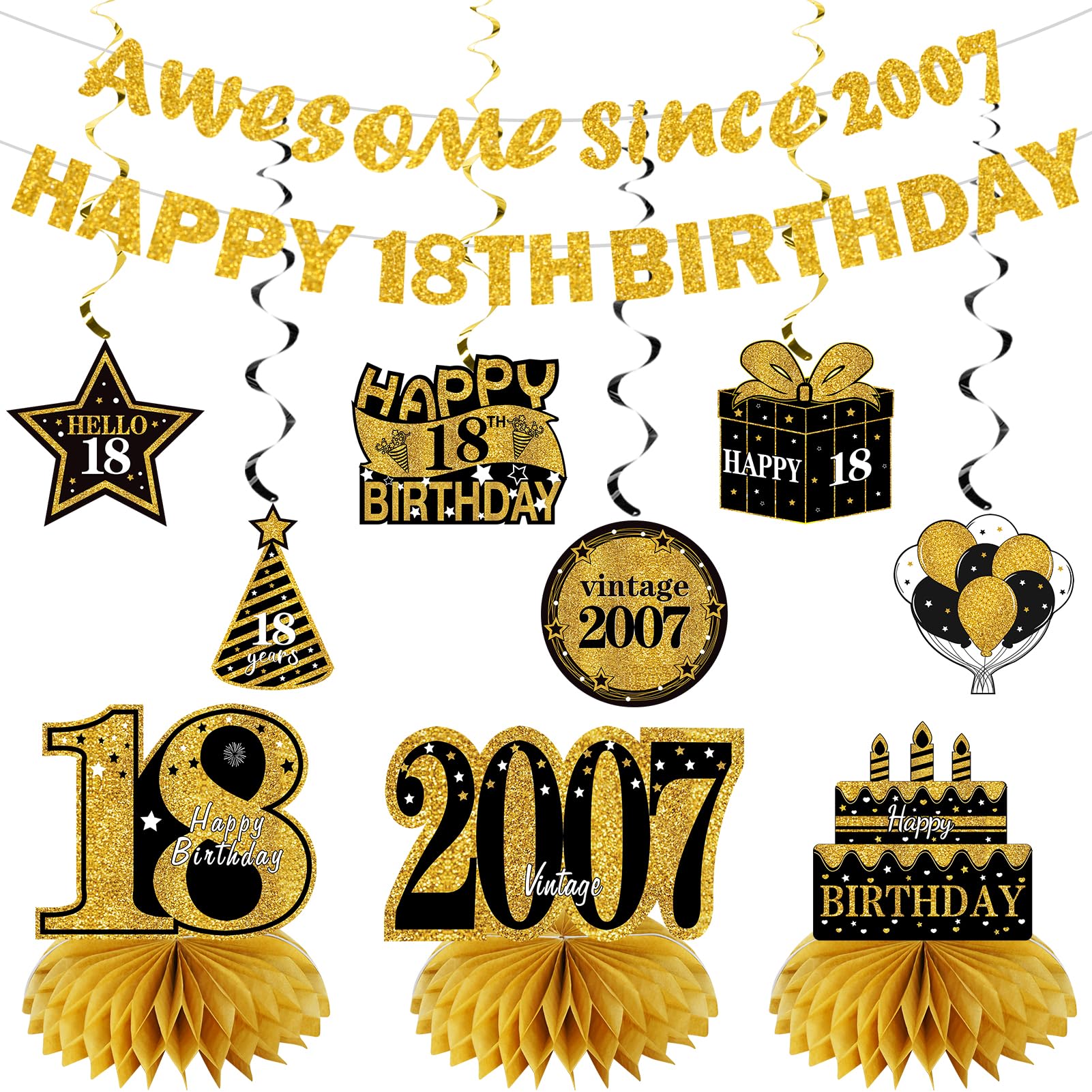 Photo 1 of Kuxriox 11Pcs 18th Birthday Decorations Kit for Men Women, Black Gold Happy 18th Birthday Banner, Awesome Since 2007 Centerpieces Swirls Party Supplies, Eighteen Bday Banner Ceiling Table Topper Sign