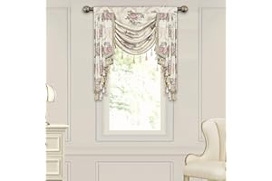 Loom and Mill Luxury European Waterfall Valance for Living Room Bedroom, Elegant Floral Jacquard Swag Window Valances with Tassels, Damask Swag Curtains for Banquet Wedding Holiday(W39Inch,1 Panel)