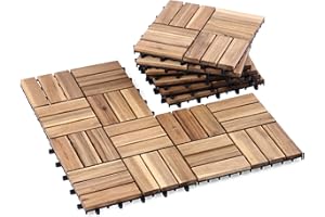 VICTORY RELAX Acacia Wood Flooring Interlocking Deck Tiles for Patio Decor 9 Pcs 12 Slats - Waterproof Indoor & Outdoor Decor - Balcony Garden Decking Tile (11,81 * 11,81 * 0,94 Inches)