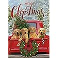 Covido Home Decorative Merry Christmas Garden Flag, Red Truck Holiday House Yard Xmas Tree Wreath Golden Retriever Dogs Decor Sign, Winter Outside Decorations Outdoor Small Flag Double Sided 12 x 18
