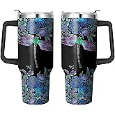 Stainless Steel 40 Oz Double Wall Insulated Reusable Dragonfly Mug With Handle and Straw, Leak Proof Coffee Travel Cup Gift for Women