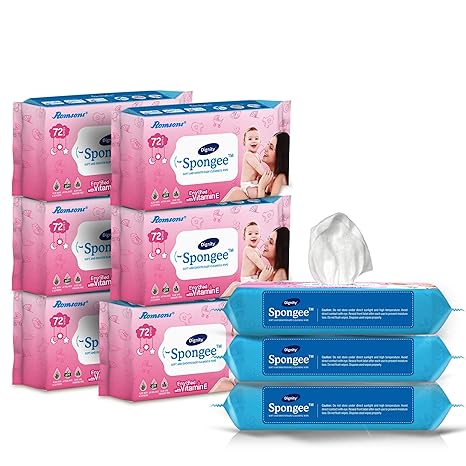 DIGNITY Spongee Baby Wet Wipes, 150 x 200 mm, 72 Wipes/Pack (White, Pack of 9, 648 Wipes)