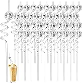 JJUNW 40 Pcs 70s Disco Ball Straws Glitter Mirror Silver Ball Straws Reusable Cake Pops for 1970s Retro Theme Birthday Party Decorations
