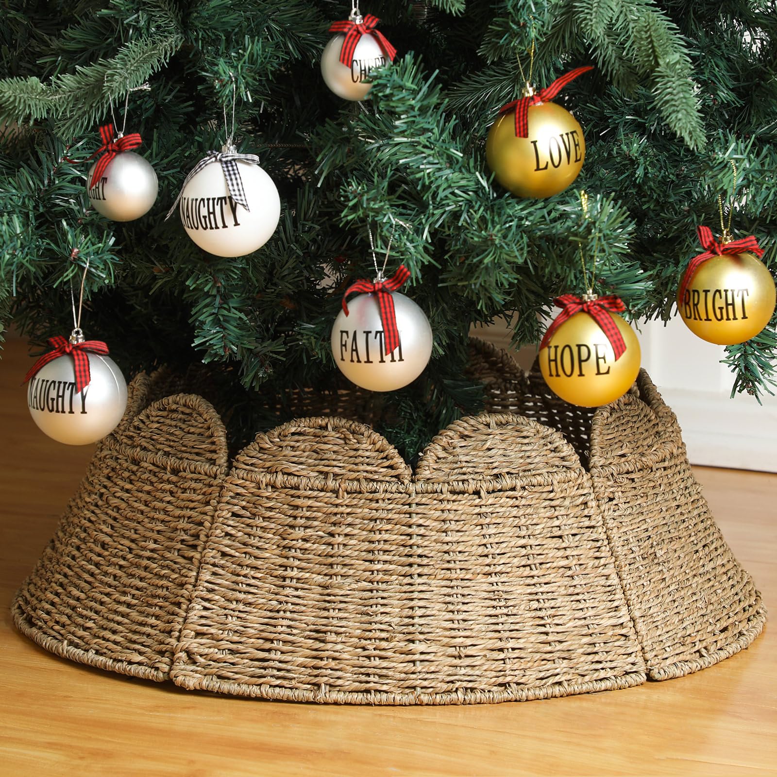 Photo 1 of Vertintong Woven Scallop Christmas Tree Collar 24-inch Rattan Christmas Tree Ring Farmhouse Natural Woven Rustic Base Cover Skirt for Xmas Decoration