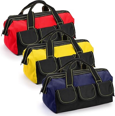 Mezchi 3 Pack 12in Tool Bag Wide Mouth 5 Pockets Waterproof Base Blue Yellow Red