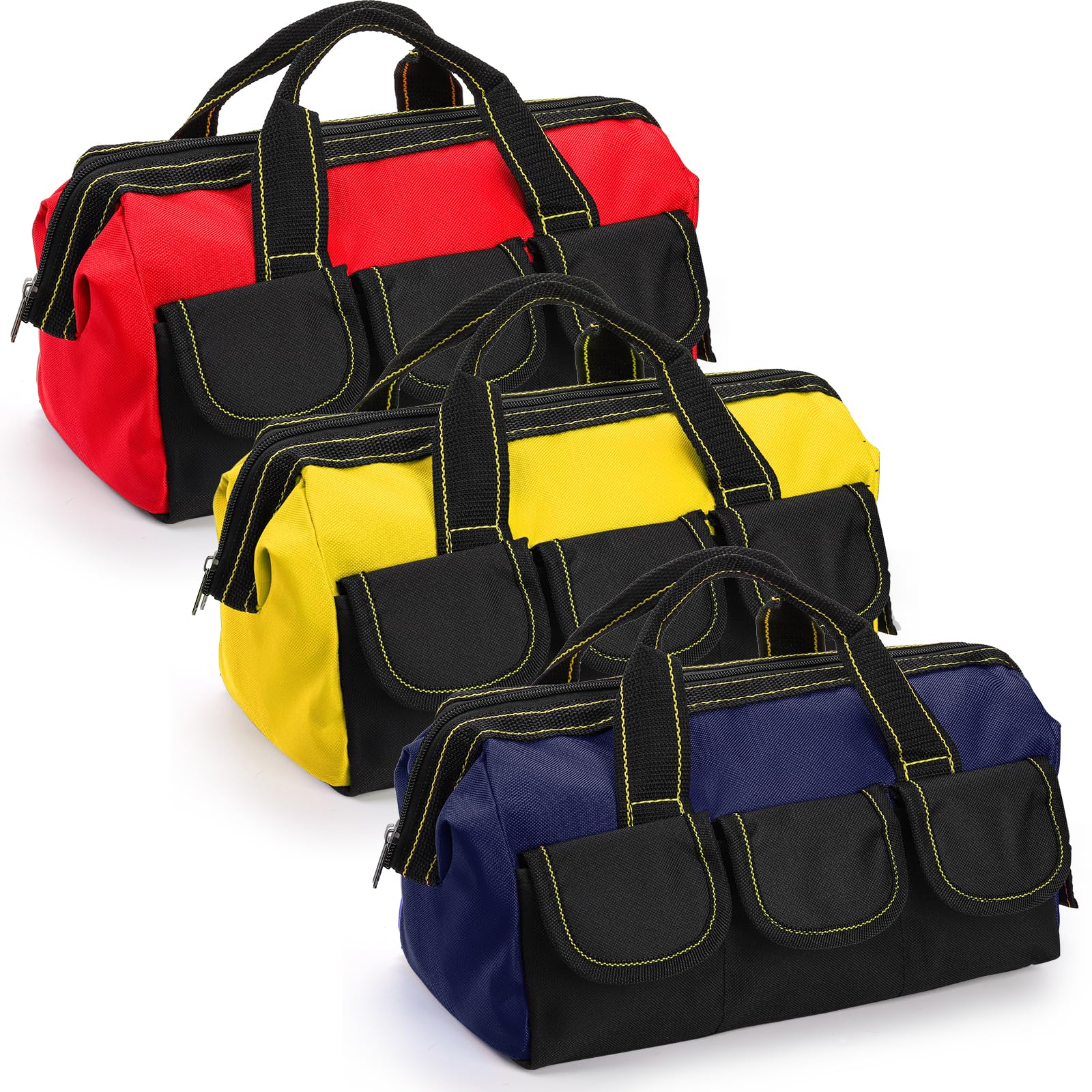 Mezchi 3 Pack 12"/ 30cm 5 Pockets Tool Bag, Wide Mouth Tool Tote Bags with Waterproof Base, Heavy Duty Tool Storage Bag Organizer for Various Tools, Blue, Yellow, Red