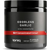Toniiq Garlic Capsules with 10,000mcg Allicin &ndash; Odorless | 50:1 Extract for Maximum Potency - Third-Party Lab Tested - 60 Vegetarian Capsules