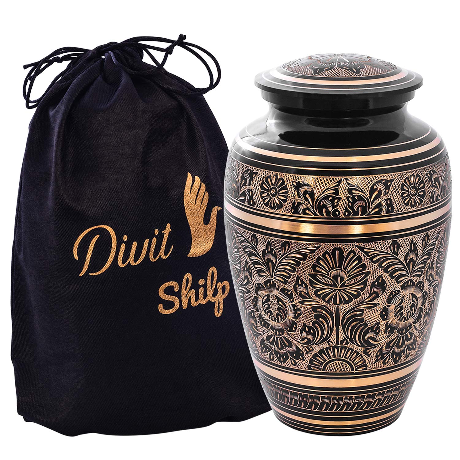 Cremation Urn for Human Ashes with Velvet Bag, for Adults up to 100 kgs, Funeral Urns by Divit Shilp (Black & Gold, Adult)