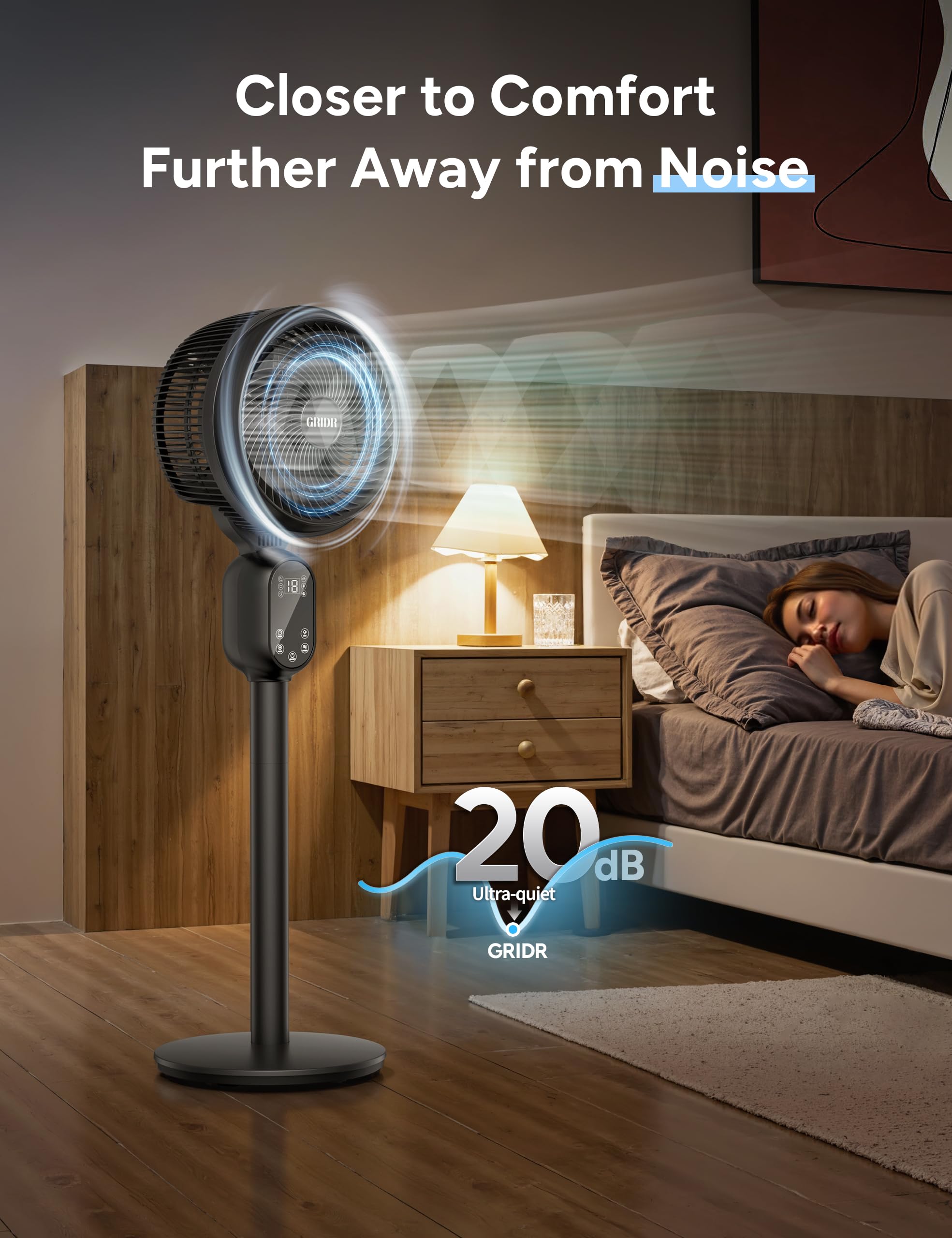 GRIDR Fan For Bedroom, Pedestal Fans 90°+90° Smart Oscillating, Standing Fans for Home 12 Speeds, 4 modes, Quiet Floor Fan with DC Motor 20dB, 12H Timer, 90ft for Room, 22-35'' Adjustable Height-Black