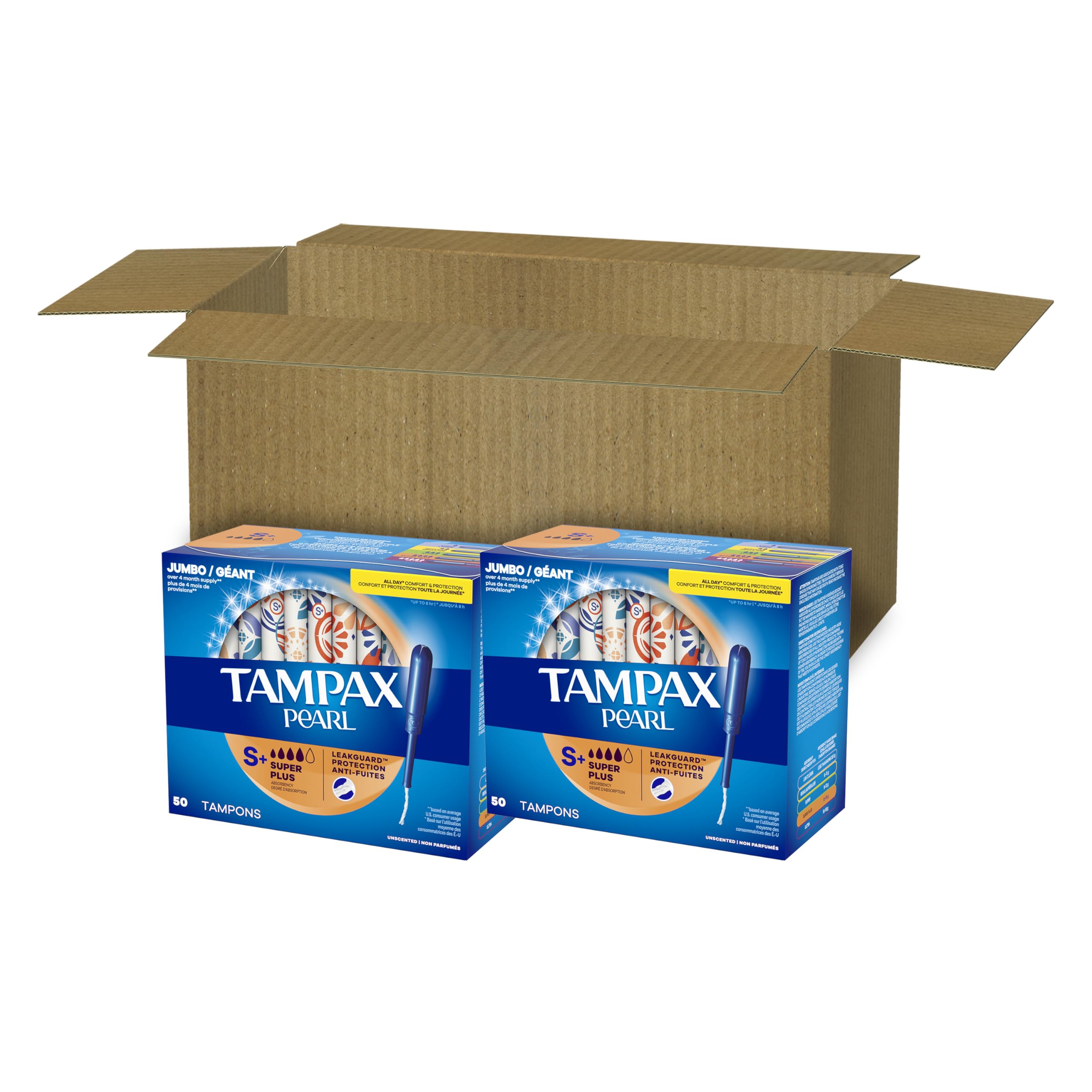 Tampax Pearl Tampons for Women, with LeakGuard Braid, Super Plus Absorbency, Unscented, 100 Count (2 Packs of 50)