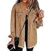 Vetinee Women’s Oversized Button Up Frayed Hem Shacket Long Sleeve Pockets Denim Jean Jacket