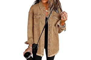 Vetinee Women’s Oversized Button Up Frayed Hem Shacket Long Sleeve Pockets Denim Jean Jacket