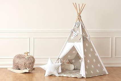 KraftKids Spielzelt-Tipi große weiße Sterne auf Beige Uniweiss, Indianer-Zelt zum Spielen für Kinder, Kleinkinder und Babys, 