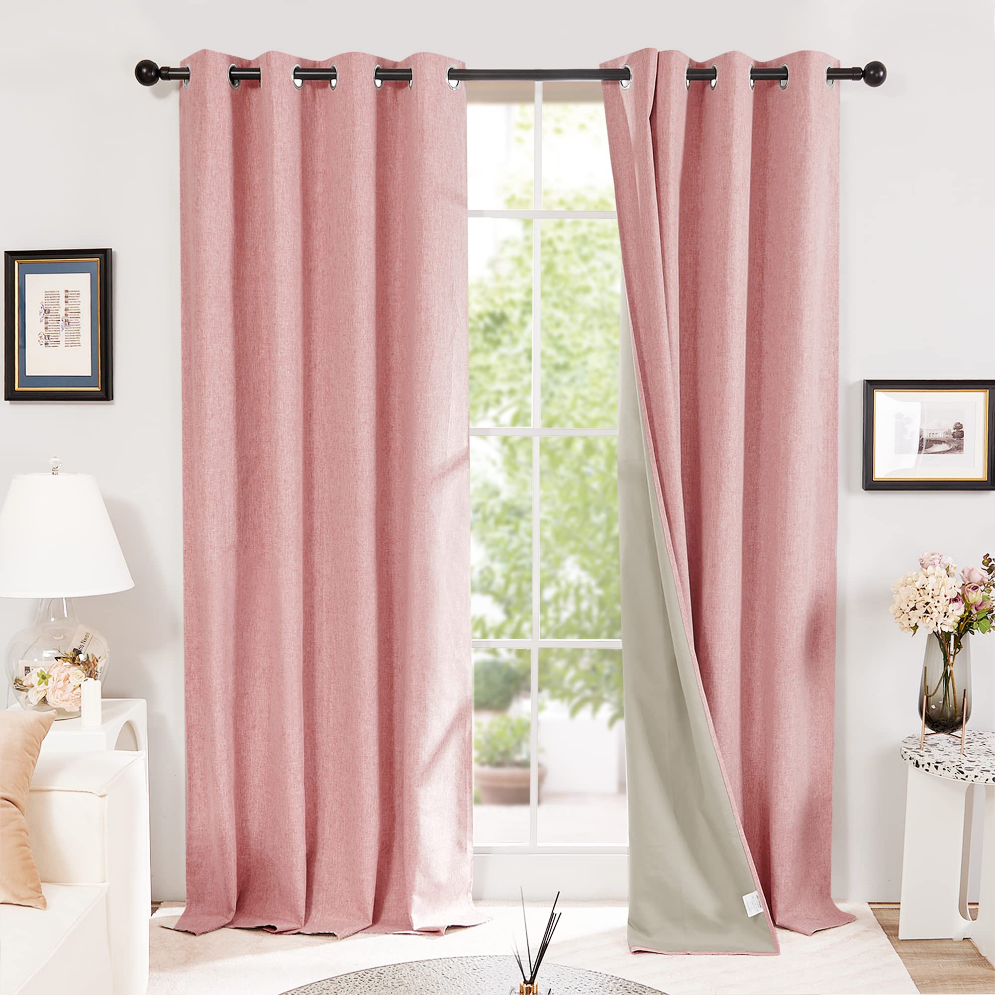 Deconovo Noise Reduction Faux Linen Curtains Full Blackout Eyelet Thermal Insulated Curtains for Girls Bedroom Blush Pink W52 x L72 One Pair — image 1