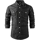OCHENTA Black Men's Long Sleeve Chambray Denim Shirt – Lightweight Cotton Blend Western Button Down Casual Tops 1 Black 3XL
